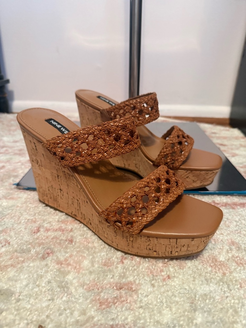 Nine West Tan Woven Cork Platform Wedge Sandals